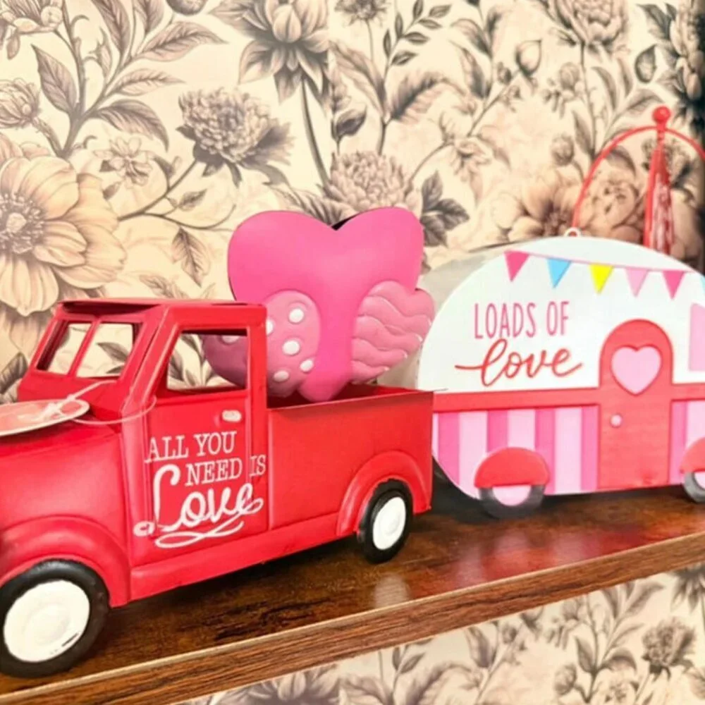 Valentine Red Truck Decor “All You Need Is Love” Metal Tabletop Heart Accent
